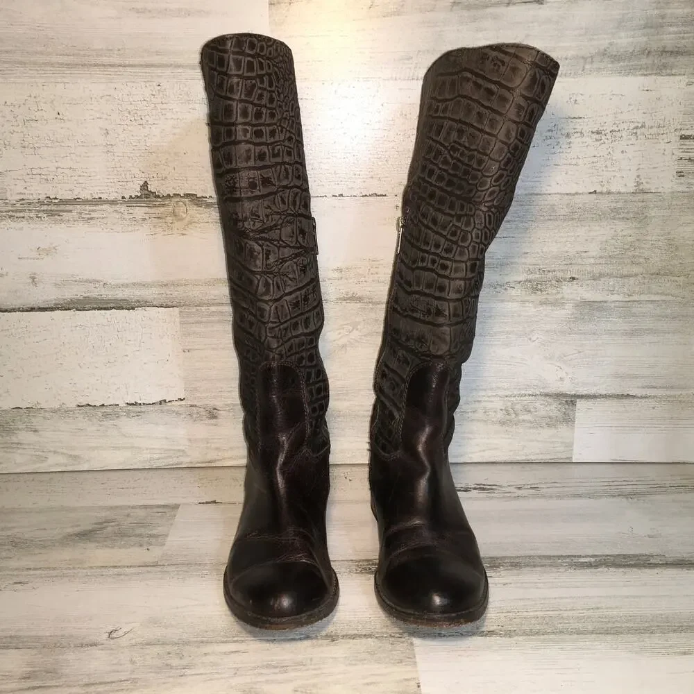 Lucchese Spirit Bailey Croc Embossed Leather Riding Boot Womens 6 Brown Tall